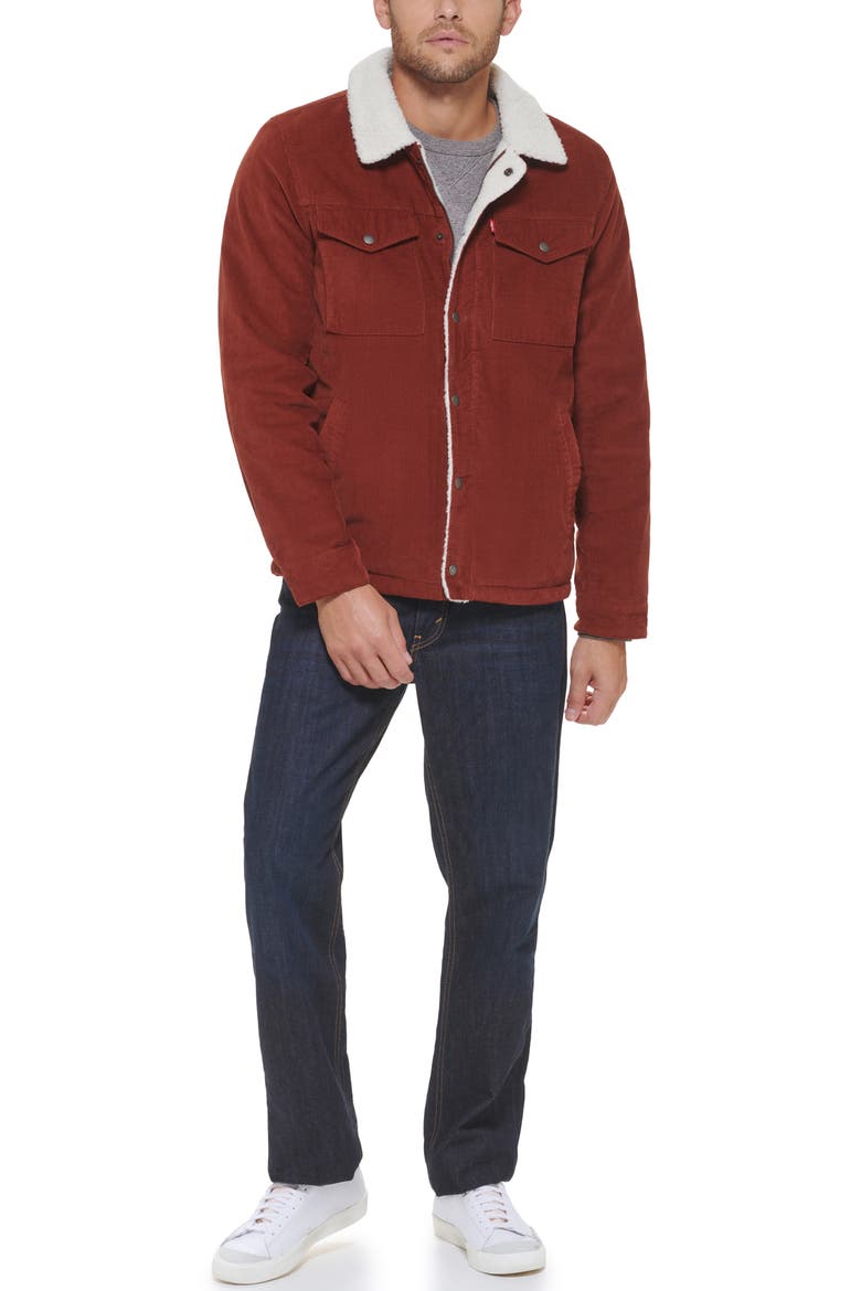 Faux Shearling Lined Corduroy Trucker Jacket, Alternate, color, RUST