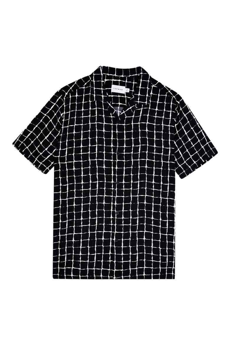 Geo Print Short Sleeve Button-Up Camp Shirt, Alternate, color, BLACK MULTI