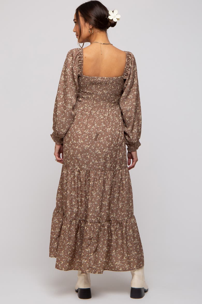 Floral Smocked Long Sleeve Maxi Dress, Alternate, color, Mocha