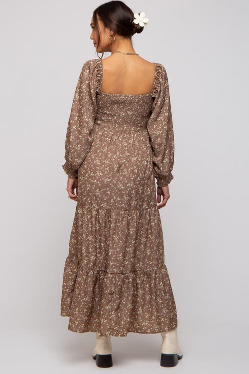 Pinkblush Floral Smocked Long Sleeve Maxi Dress In Brown