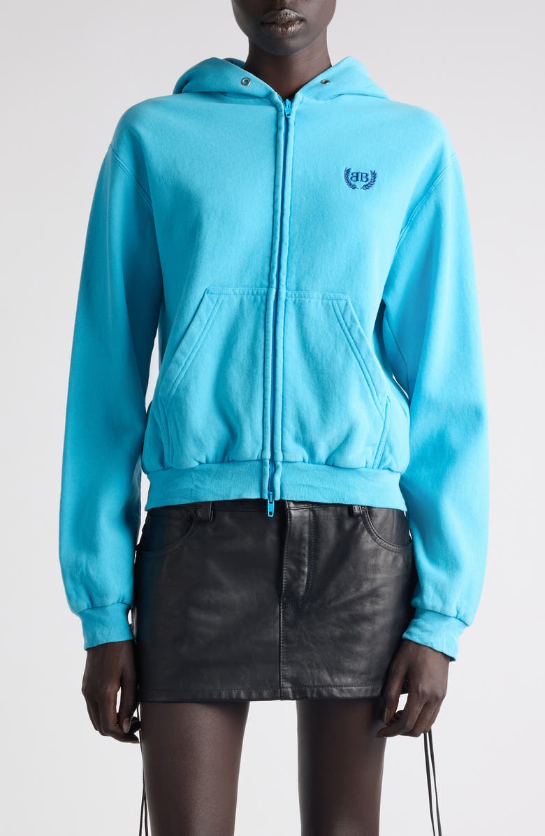Balenciaga Laurel Embroidered Full Zip Dry Fleece Hoodie, Main, color, Azure/ Navy