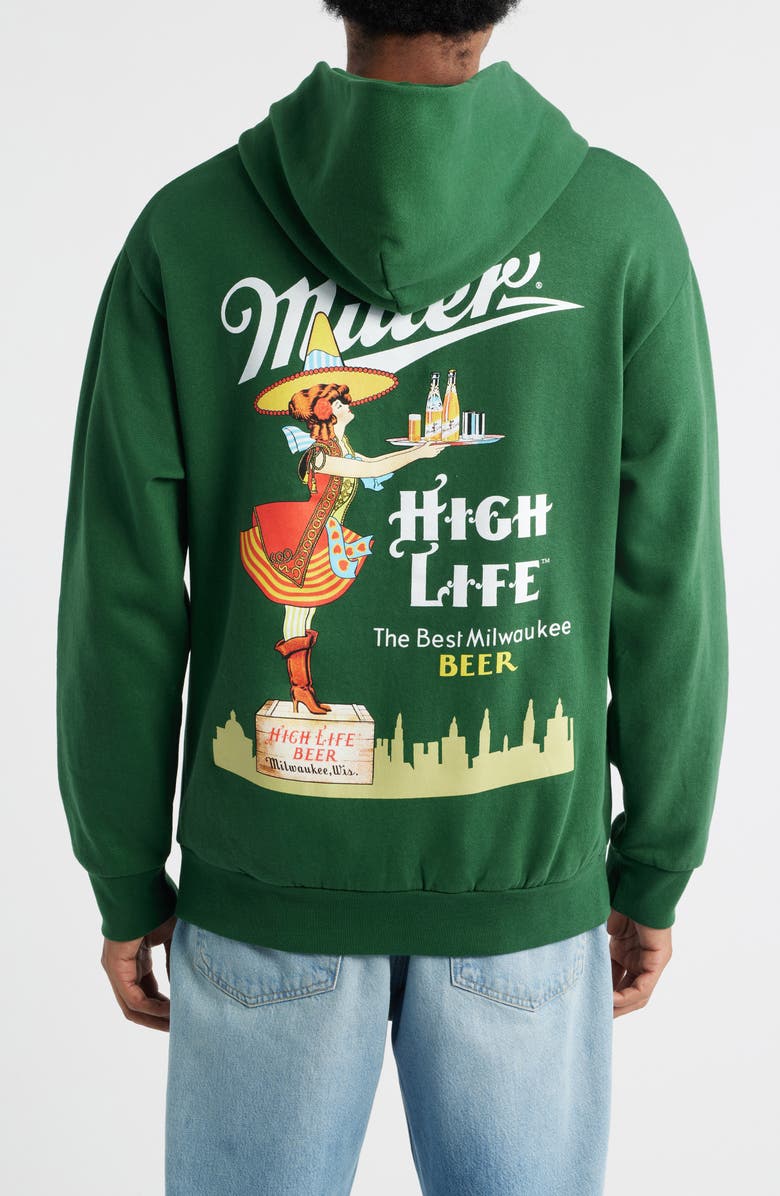 The Forecast Agency Miller High Life Graphic Hoodie, Alternate, color, Forest