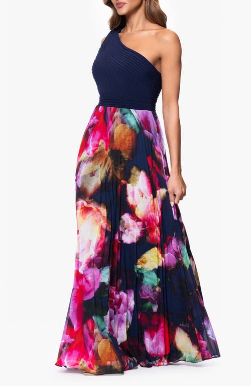 Xscape Evenings One-shoulder Mixed Media Gown In Blue