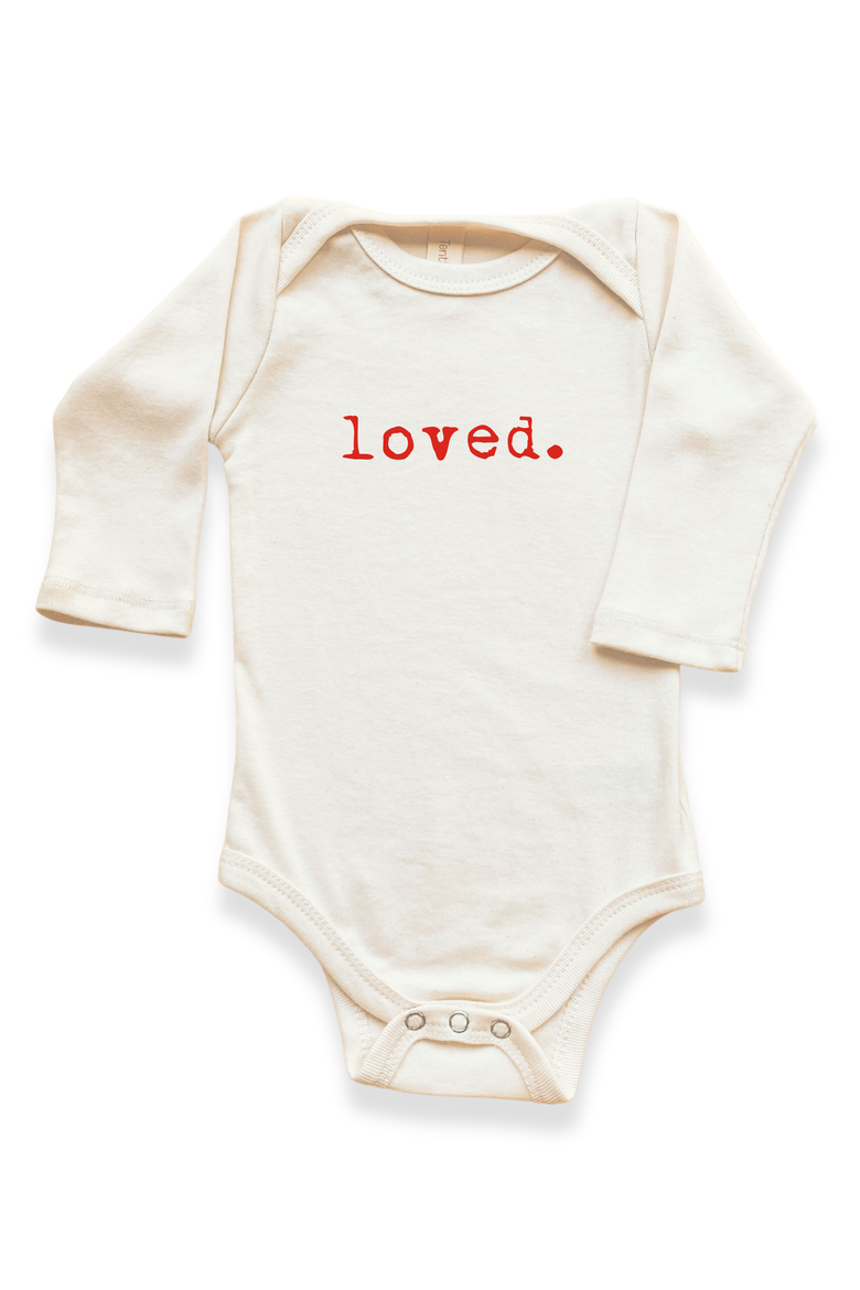 Loved - Organic Long Sleeve Baby Bodysuit, Main, color, Natural Red Lettering