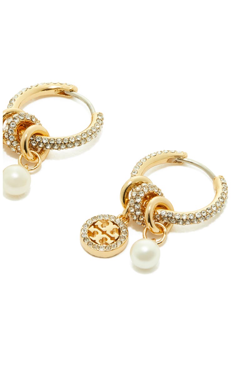 Icon Pavé Hoop Charm Earrings, Alternate, color, TORY GOLD / CRYSTAL / PEARL