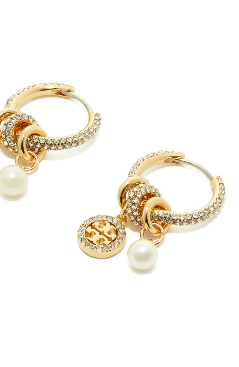 Tory Burch Icon Pavé Hoop Charm Earrings, Alternate, color, Tory Gold / Crystal / Pearl