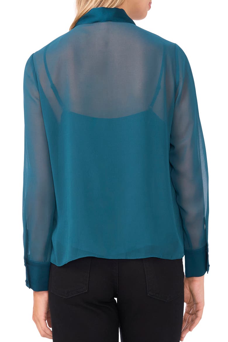 Pussybow Sheer Button-Up Shirt, Alternate, color, DEEP TEAL