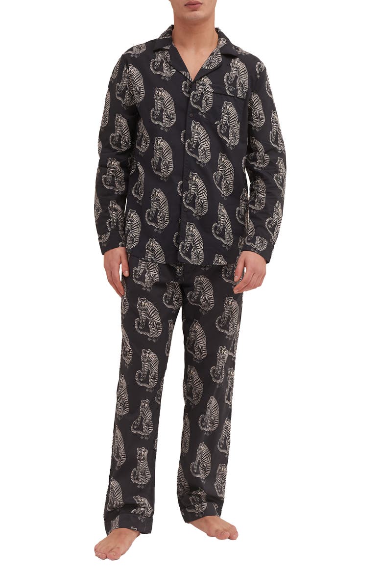 Tiger Print Long Sleeve Cotton Pajamas, Main, color, BLACK/ CREAM