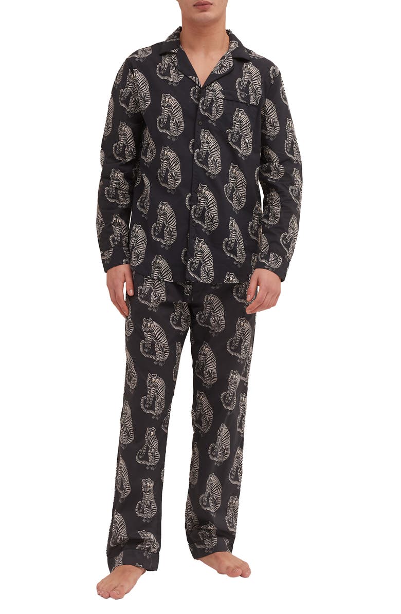 Desmond & Dempsey Tiger Print Long Sleeve Cotton Pajamas, Main, color, Black/ Cream