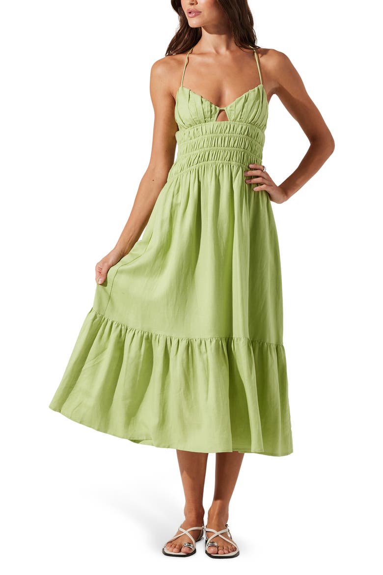 Eleni Tiered Linen & Cotton Midi Dress, Main, color, SPRING GREEN