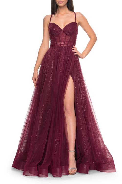 La Femme A-line Prom Dress With Sequin Lining And Illusion Top In Dark Berry