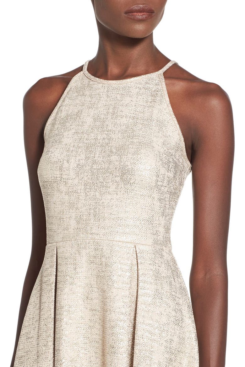 Foil High Neck Fit & Flare Dress, Alternate, color, LATTE