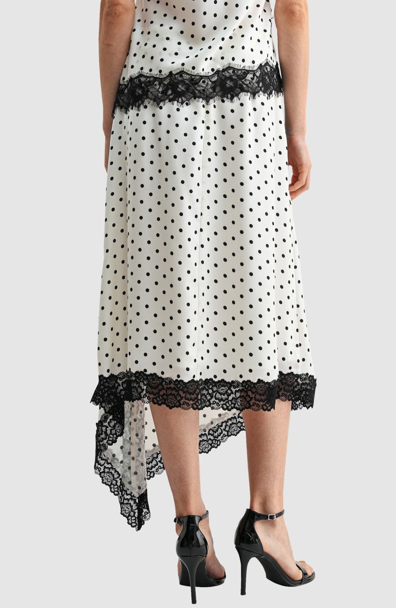 Lush Asymmetric Lace Trim Satin Midi Skirt, Alternate, color, White Black Dot