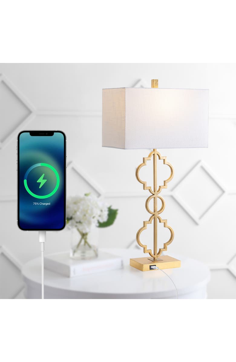 JONATHAN Y Selina Iron Ogee Trellis Modern LED USB Table Lamp, Alternate, color, Gold Leaf