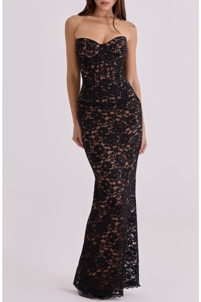 Solaine Lace-Up Strapless Lace Corset Gown, Main, color, BLACK AND BLUSH