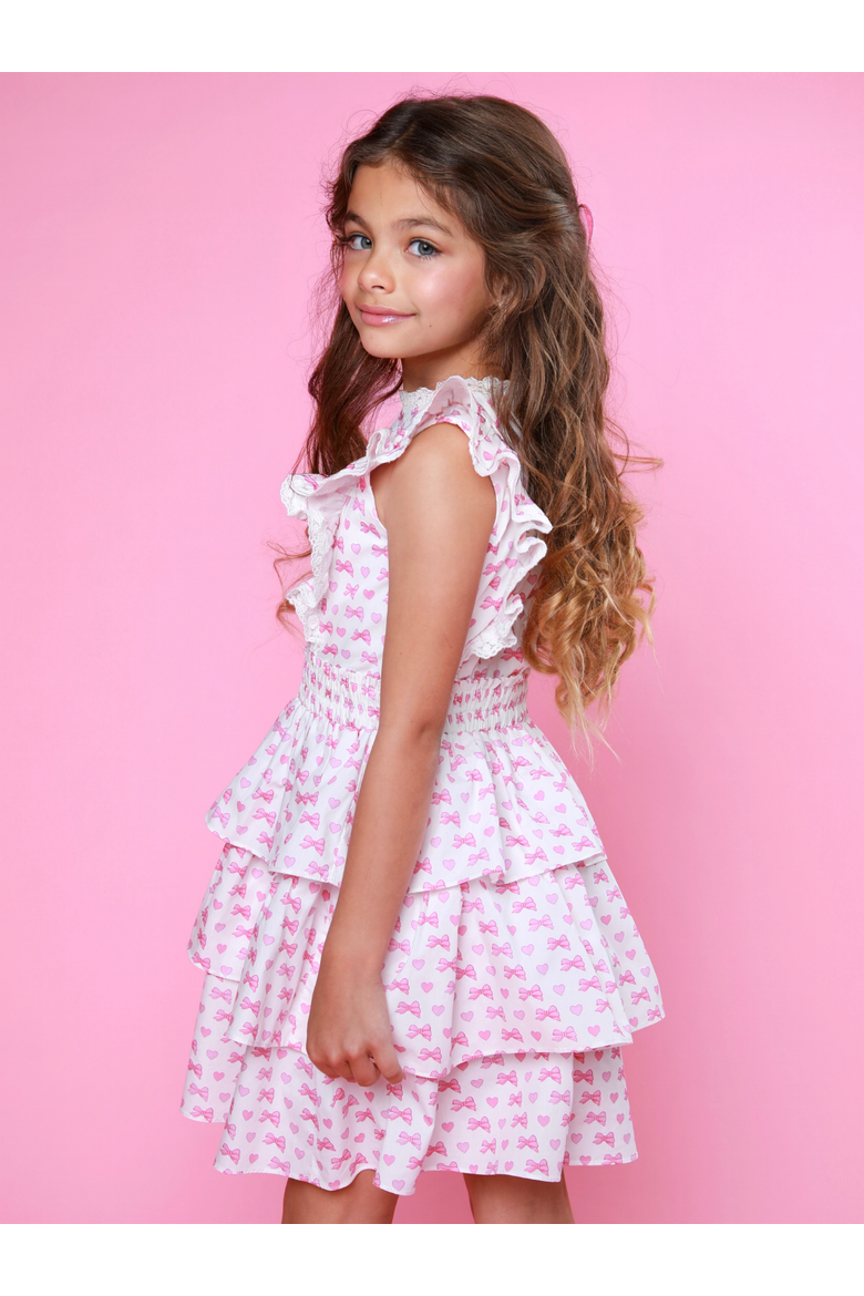 Girly Bow Smocked Ruffle Tiered Dress, Alternate, color, Pink
