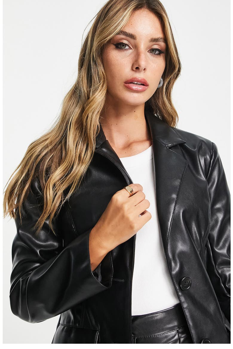 Fitted Faux Leather Blazer, Alternate, color, BLACK