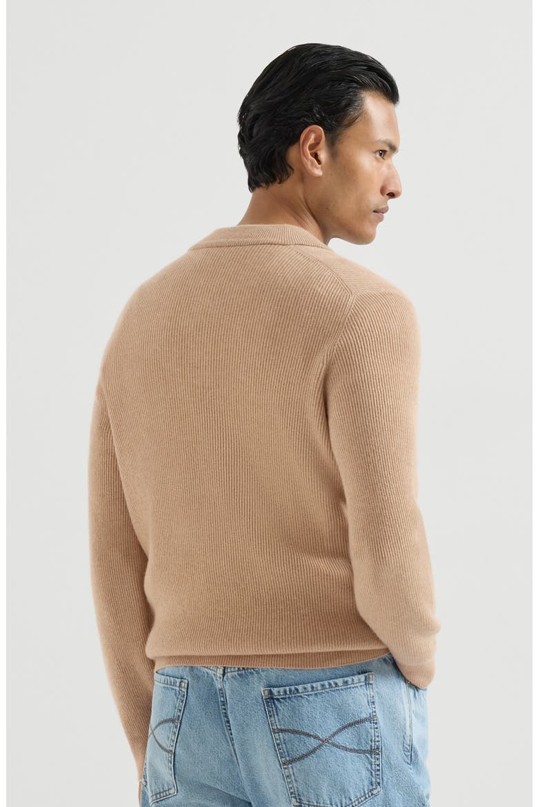 Cashmere English rib sweater with Henley collar, Alternate, color, Camel