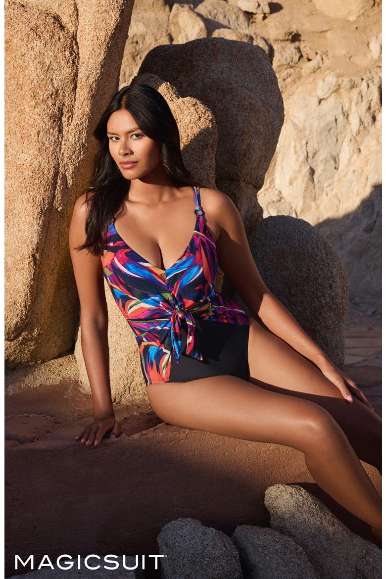 Mariachi Saki Tie Front One-Piece Swimsuit, Alternate, color, MULTI