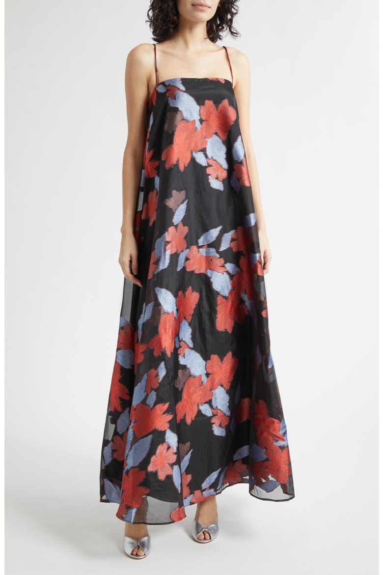 Delfina Floral Jacquard Organza Evening Dress, Main, color, NIGHT GARDEN