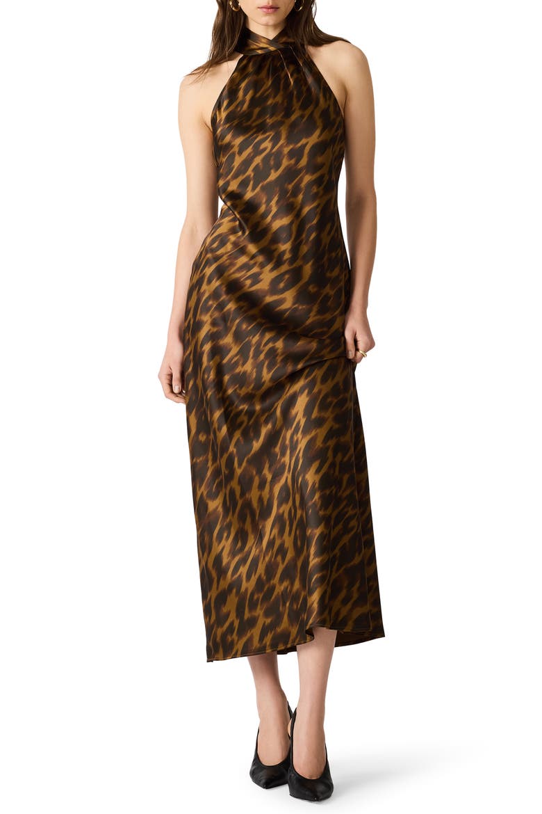 Alanah Leopard Print Halter Neck Midi Dress, Main, color, DARK TOFFEE