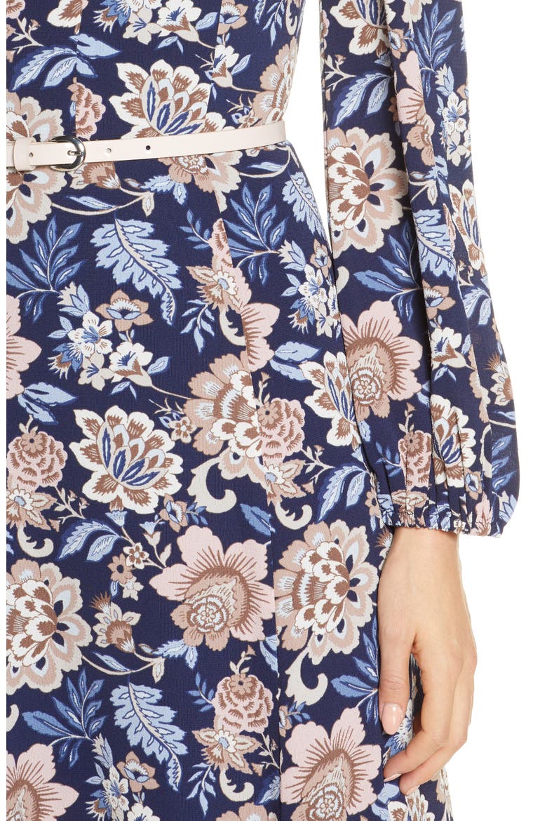 Floral Long Sleeve Pebble Crepe Dress, Alternate, color, NAVY
