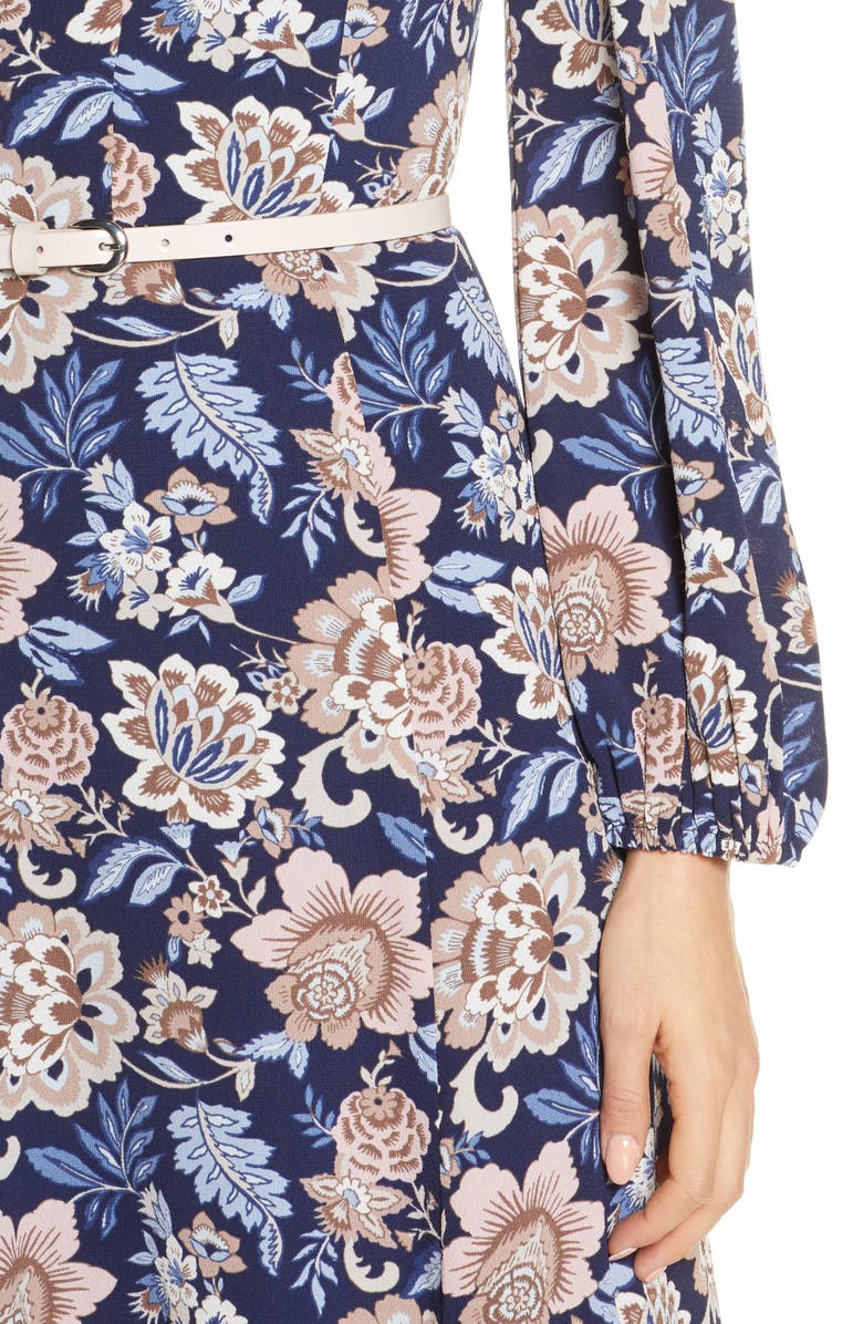 Eliza J Floral Long Sleeve Pebble Crepe Dress, Alternate, color,