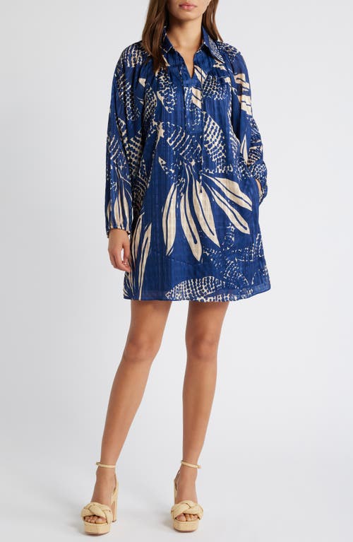 CIEBON Elisa Print Long Sleeve Shirtdress in Navy/Cream 