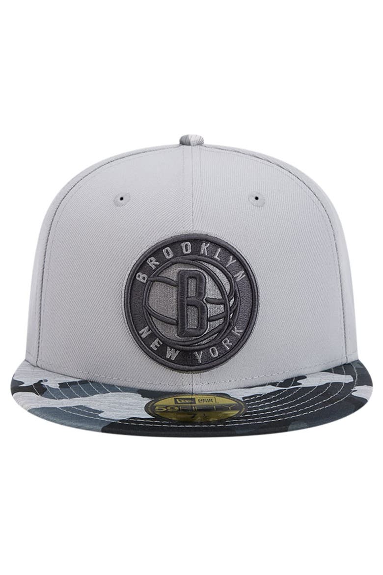 Men's New Era Gray Brooklyn Nets Active Color Camo Visor 59FIFTY Fitted Hat, Alternate, color, Gray