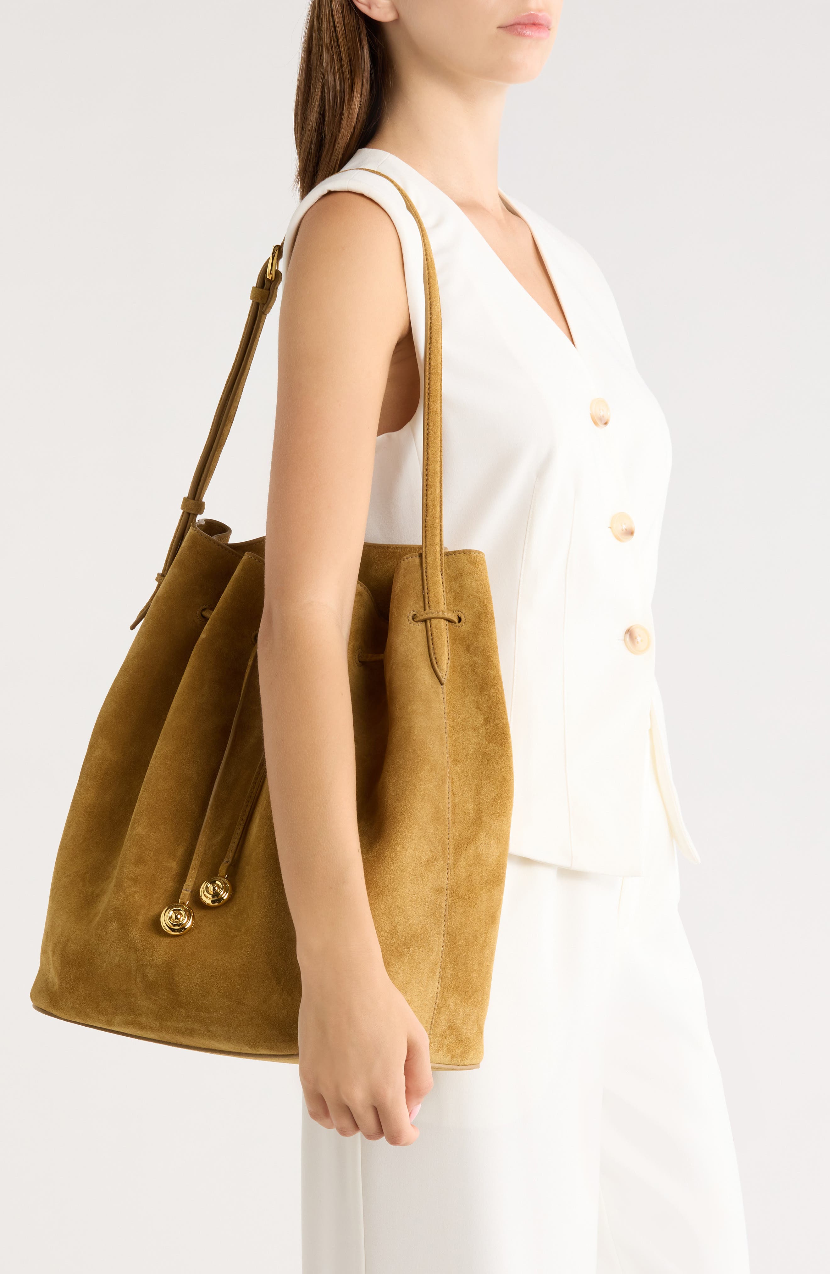 Charm Suede Bucket Bag, Alternate, color, SAND