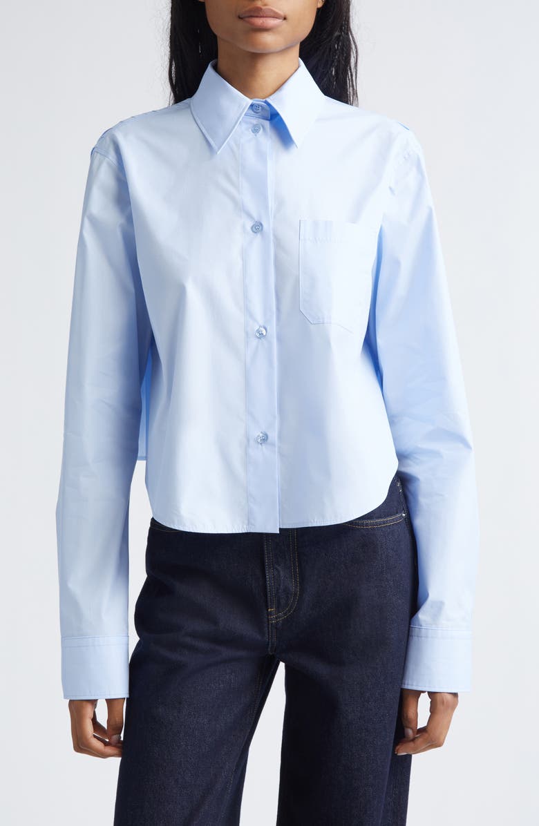 SPORTMAX Ceppo Pleated Poplin Button-Up Shirt, Main, color, Light Blue