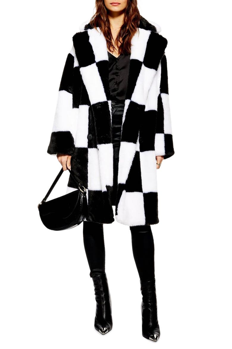 Checkerboard Faux Fur Coat, Main, color, BLACK MULTI