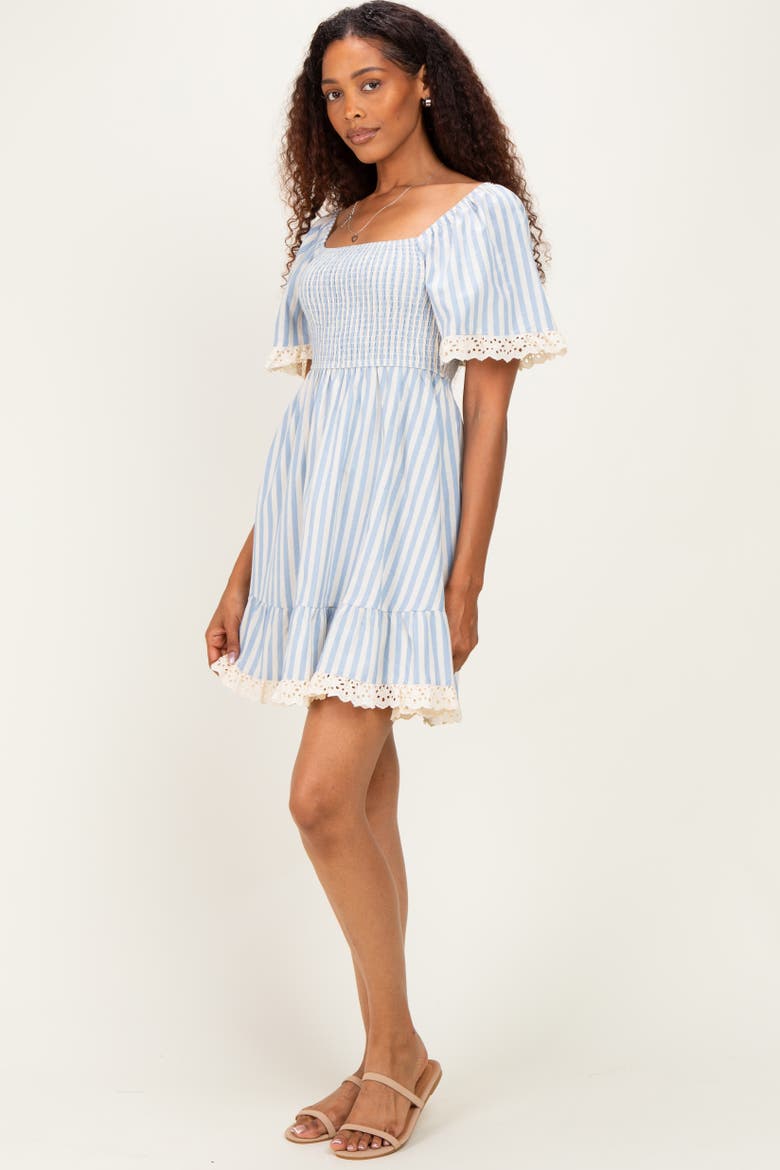 Striped Smocked Lace Trim Dress, Alternate, color, Light Blue