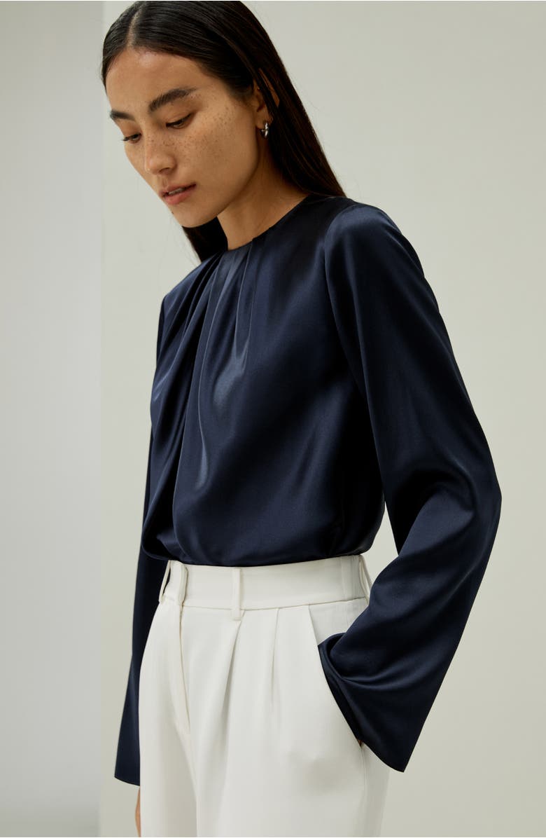 Lilysilk Silk Ruched-Neck Top, Alternate, color, Navy Blue