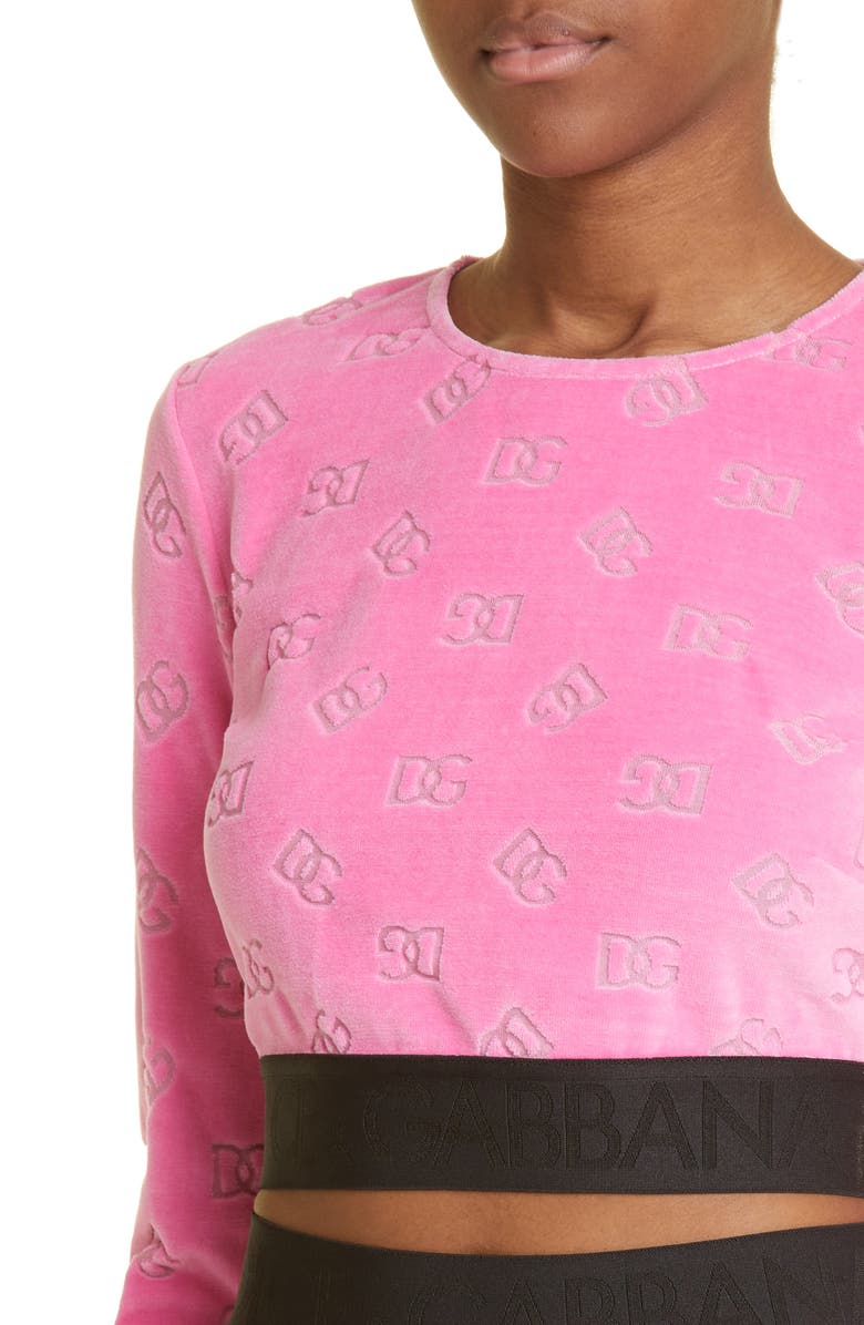 Dolce&Gabbana Flocked DG Monogram Long Sleeve Jersey Crop Top, Alternate, color,
