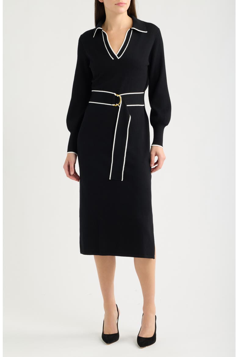 Tie Waist Long Sleeve Sweater Midi Dress, Main, color, BLACK IVORY