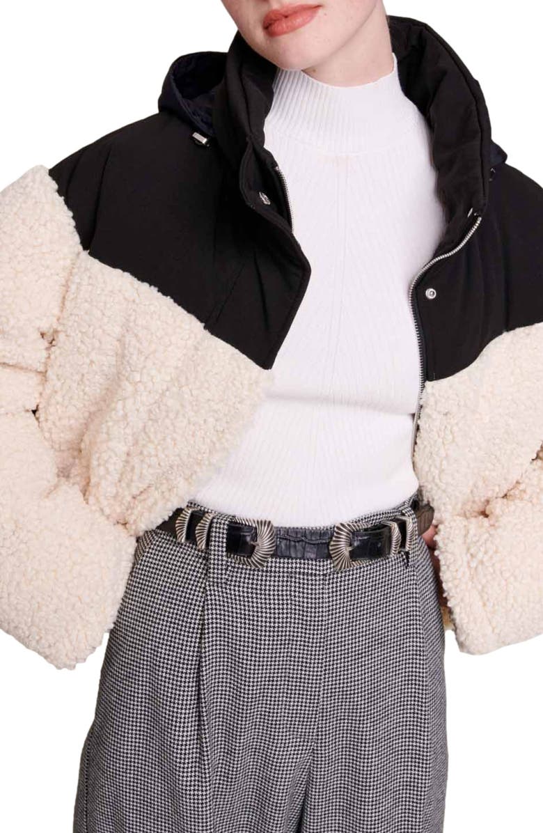 maje Colorblock High Pile Fleece Hooded Puffer Jacket, Alternate, color,