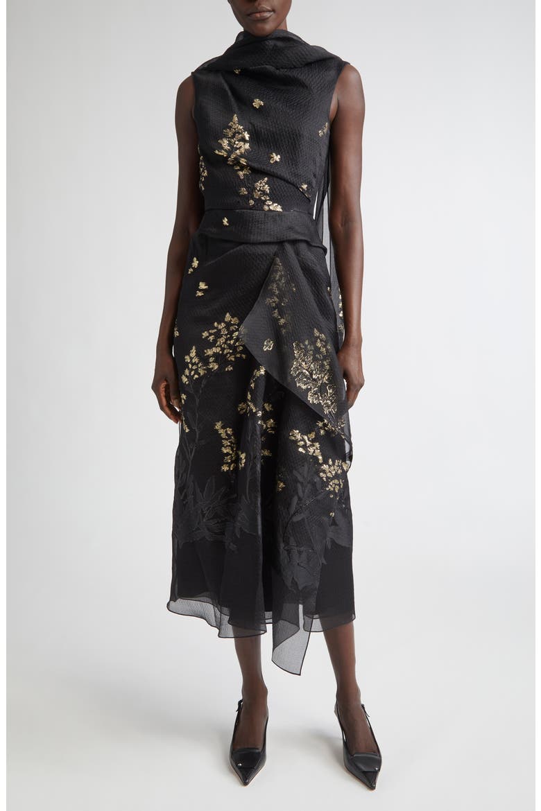 Drape Silk Blend Midi Cocktail Dress, Main, color, BLACK