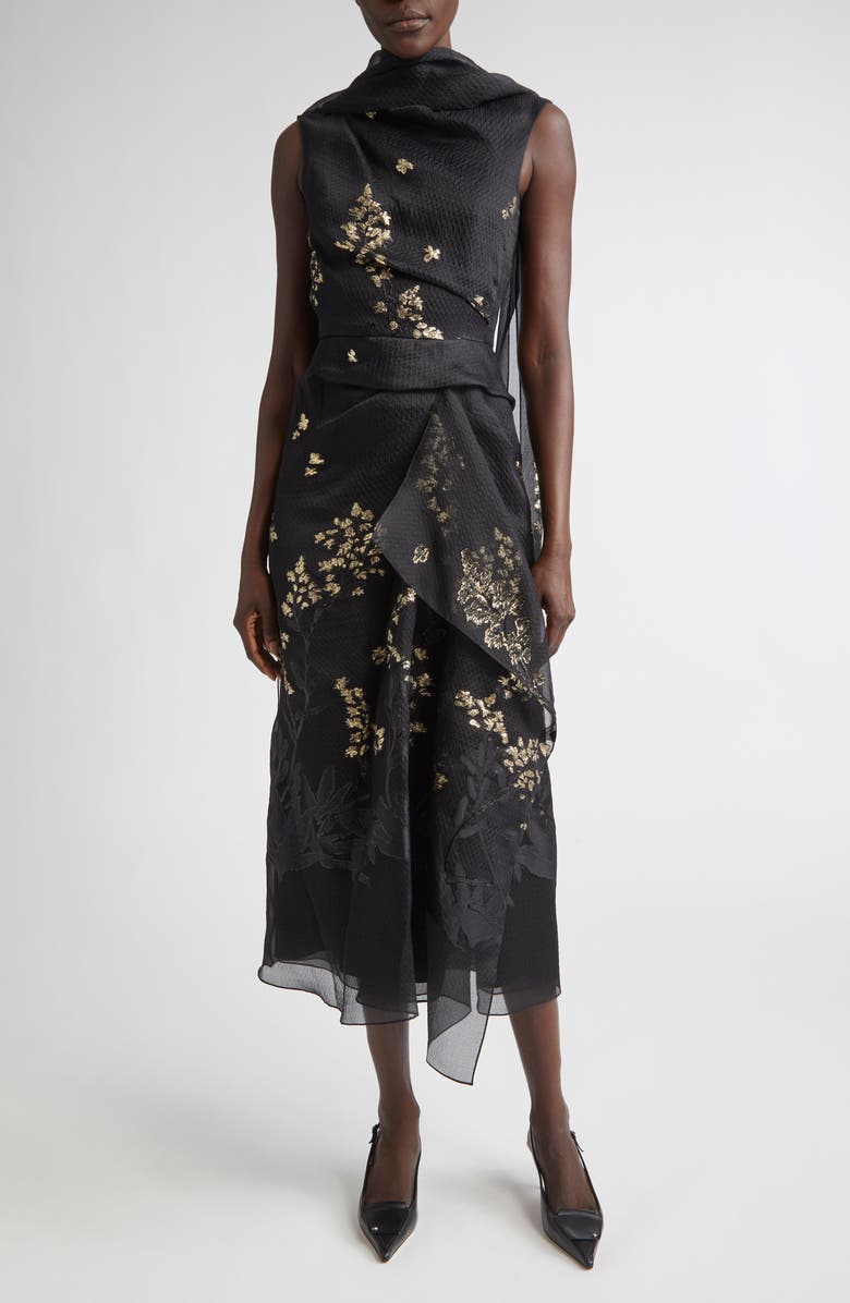 Erdem Drape Silk Blend Midi Cocktail Dress, Main, color, Black