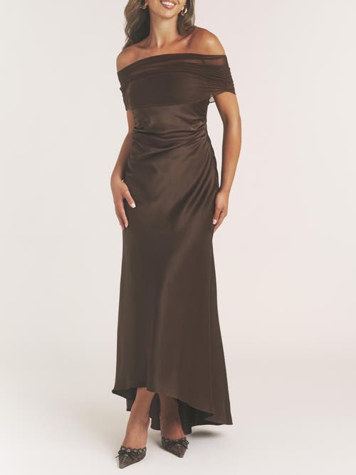 Six Stories Bardot Detail Satin Midaxi Dress In Brown