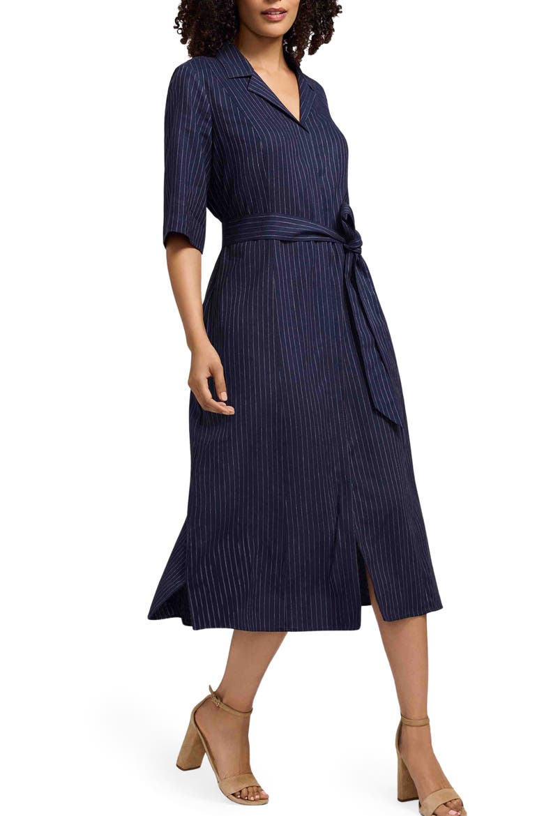 Aniston Stripe Linen Blend Shirtdress, Alternate, color, NAVY BLUE/ WHITE