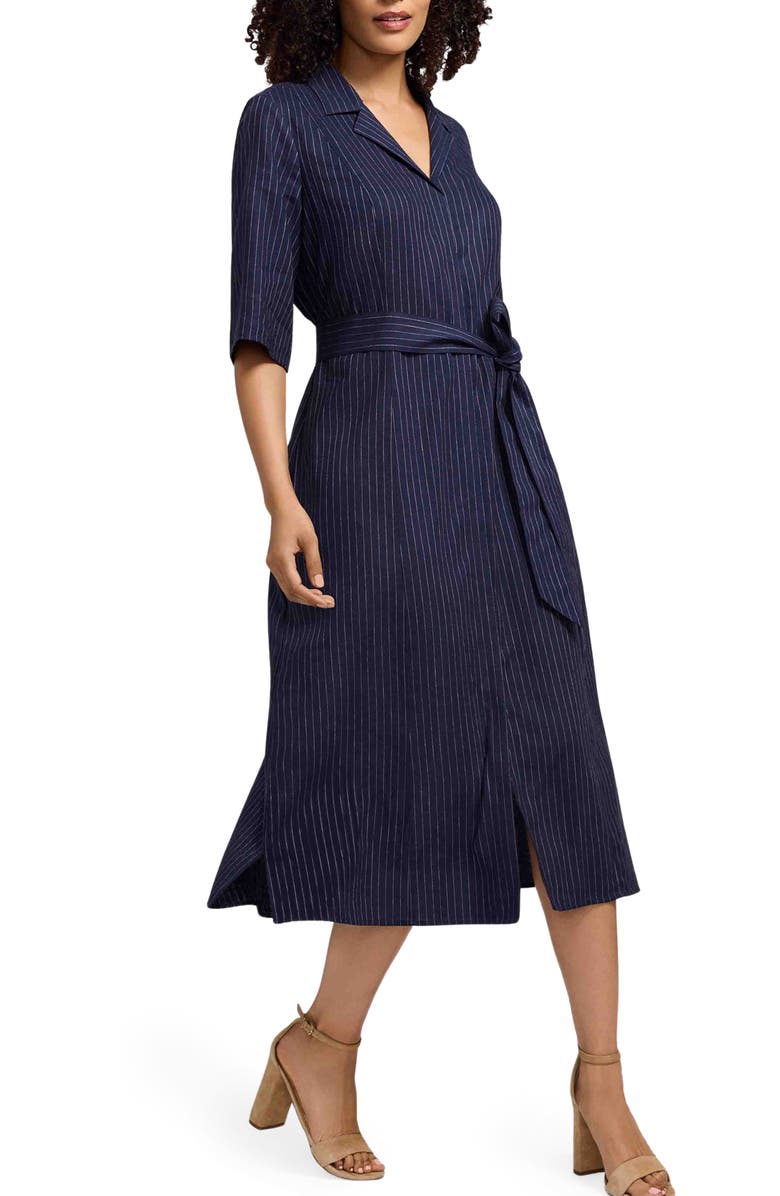 Foxcroft Aniston Stripe Linen Blend Shirtdress, Alternate, color, Navy Blue/ White