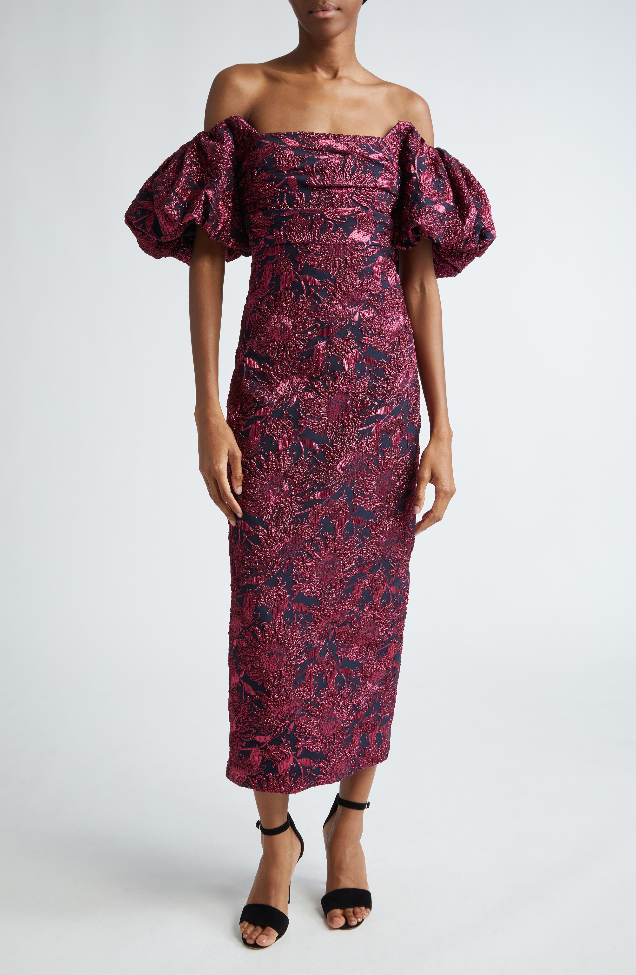 Lela Rose Sunflower Off the Shoulder Puff Sleeve Brocade Gown in Navy/Pink 