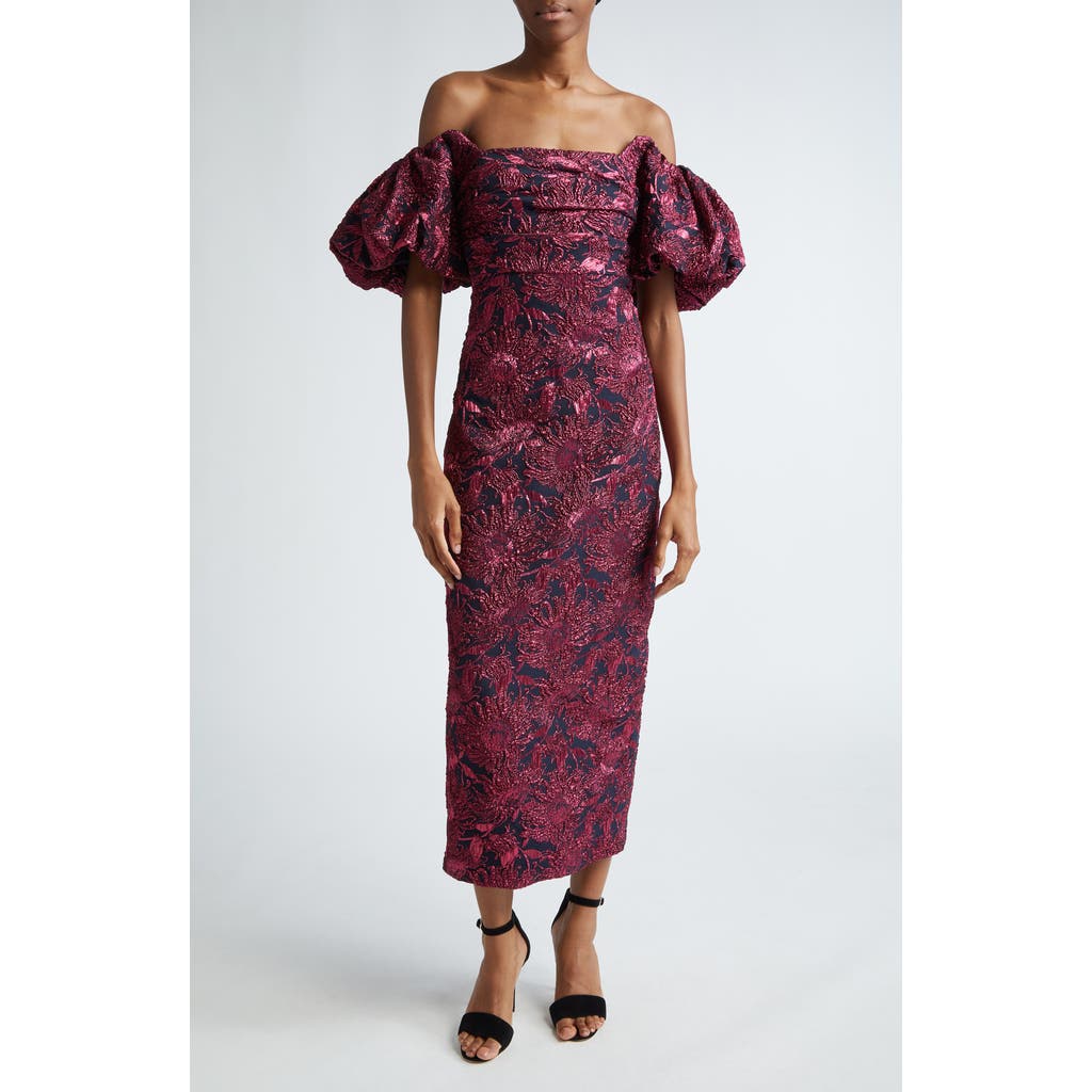 Lela Rose Sunflower Off the Shoulder Puff Sleeve Brocade Gown in Navy/Pink