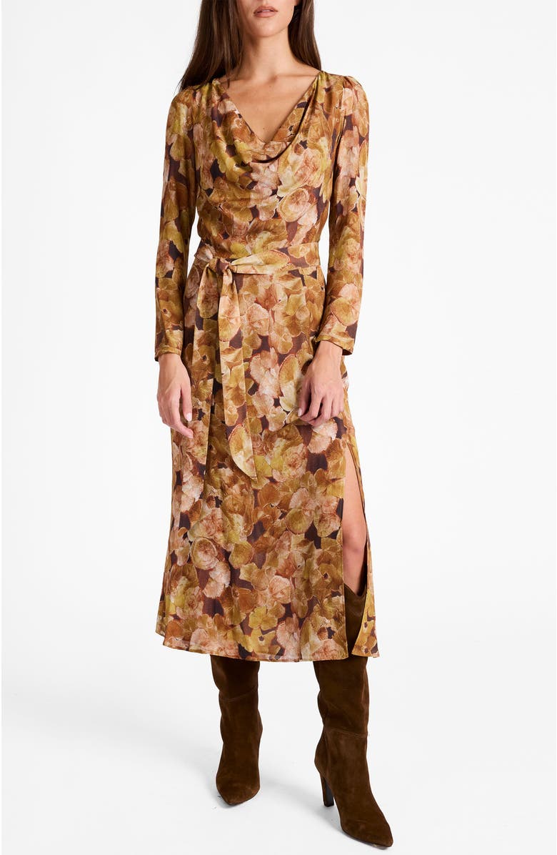 Santorelli Piper Long Sleeve Cowl Neck Dress in Floral Crepe, Alternate, color, Hazelwood Multi