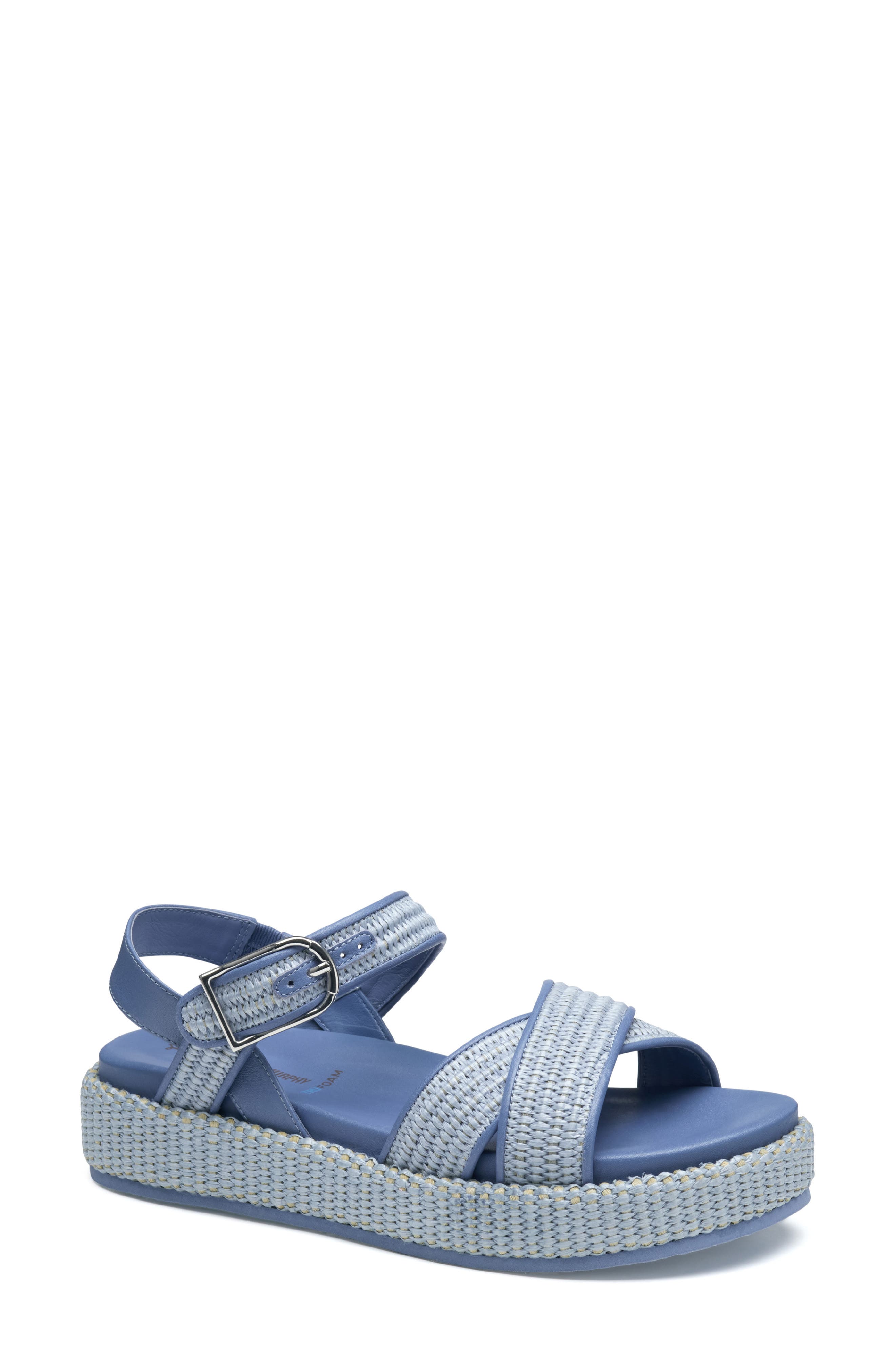 Johnston & Murphy Carli Ankle Strap Platform Sandal, Main, color, Light Blue Raffia