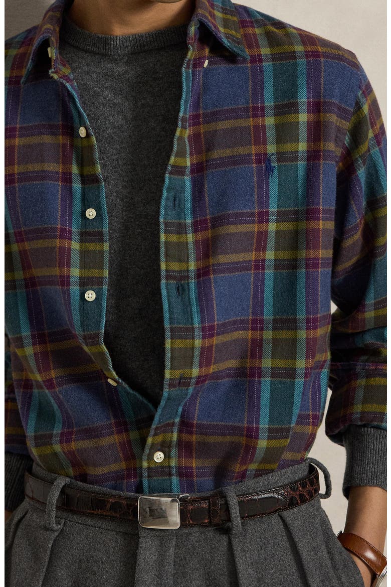 Plad Brushed Cotton Flannel Button-Down Shirt, Alternate, color, BLUE/ PRPL