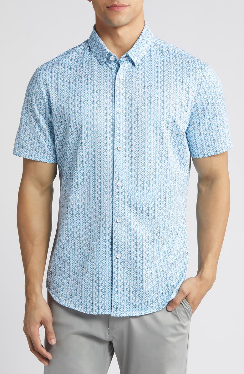 Mizzen+Main Halyard Trim Fit Short Sleeve Performance Button-Up Shirt, Main, color, Medium Blue