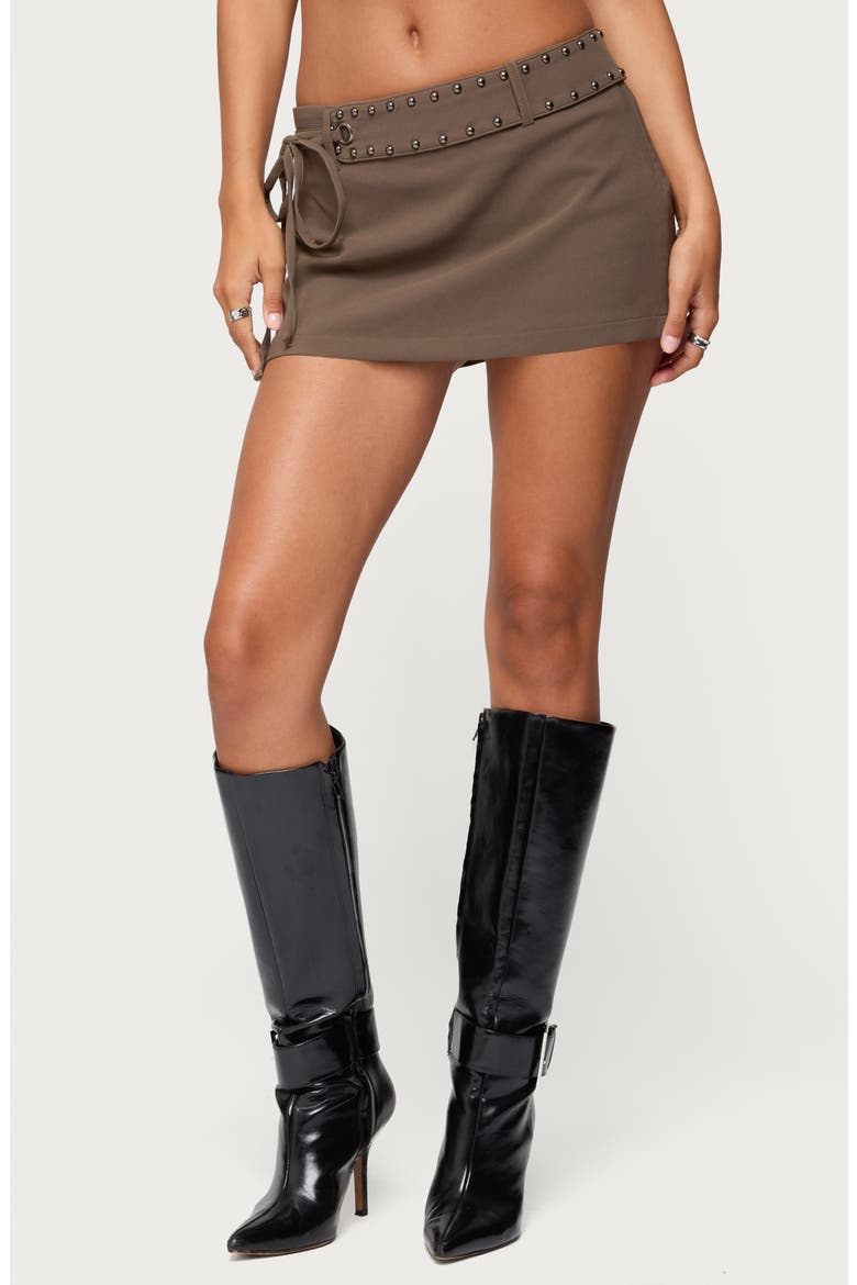 Studded Tie Belt Miniskort, Main, color, OLIVE