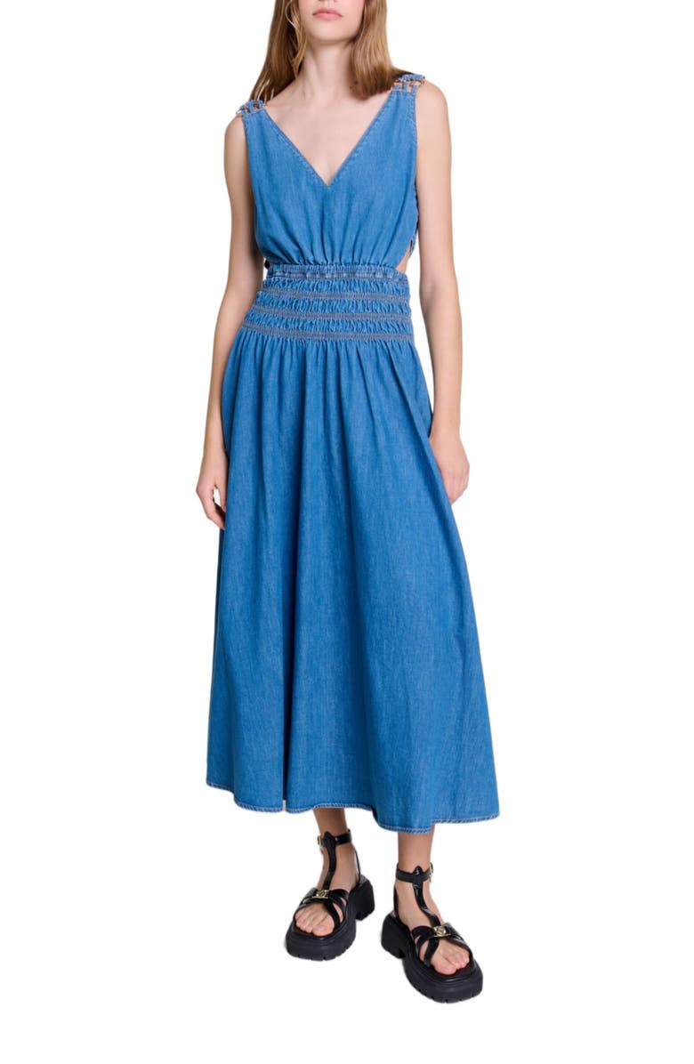 maje Cutaway denim maxi dress, Main, color, 